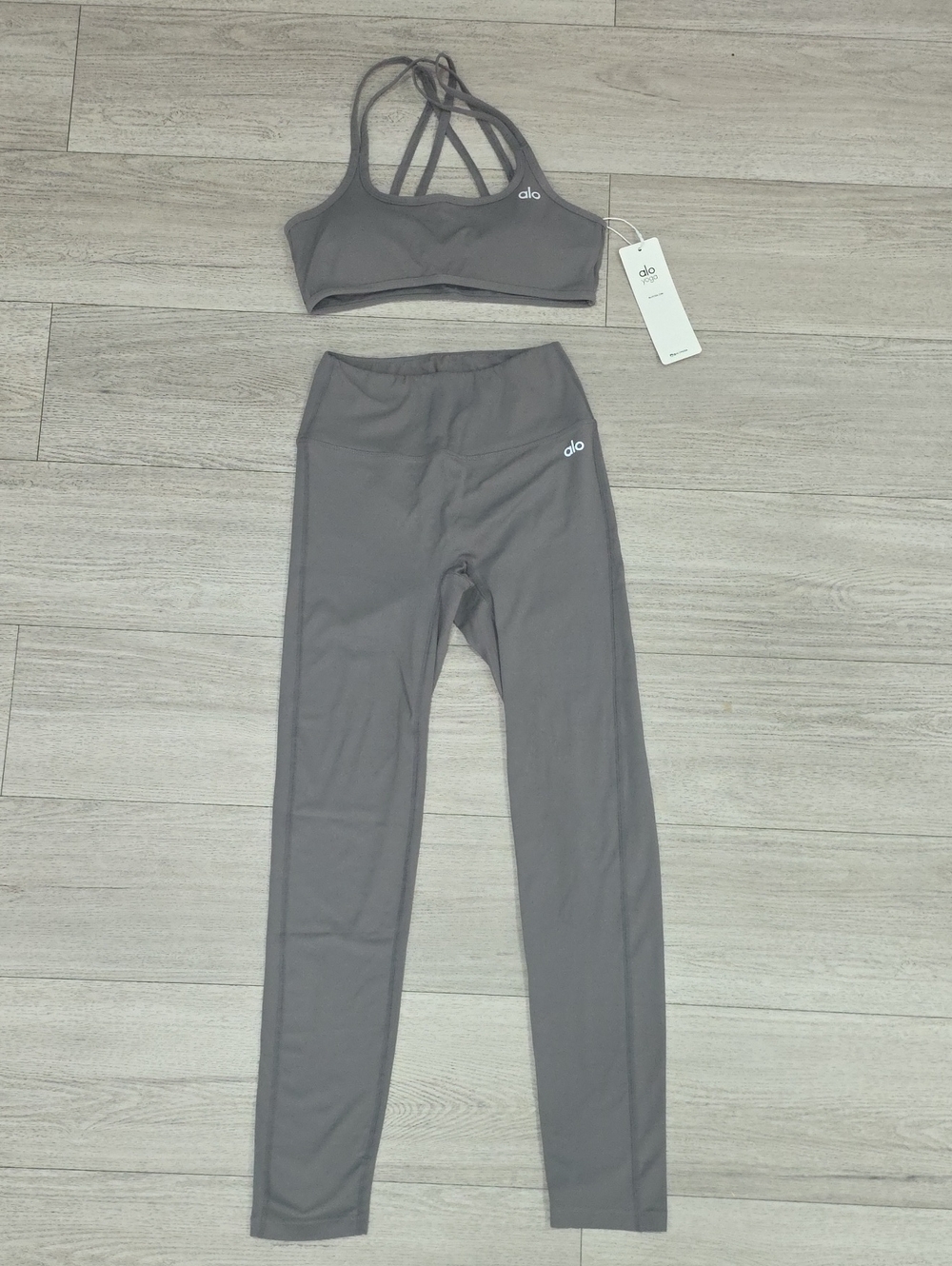 ALO Yoga Gray Strappy Sports Bra and High-Waist Leggings Set